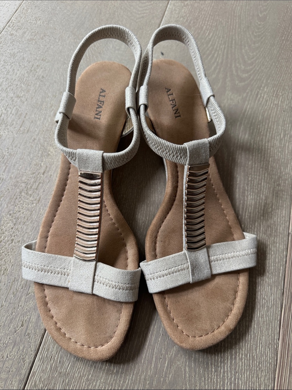 Alfani Light Beige Metallic-Trim T-Strap Slingback Sandals
